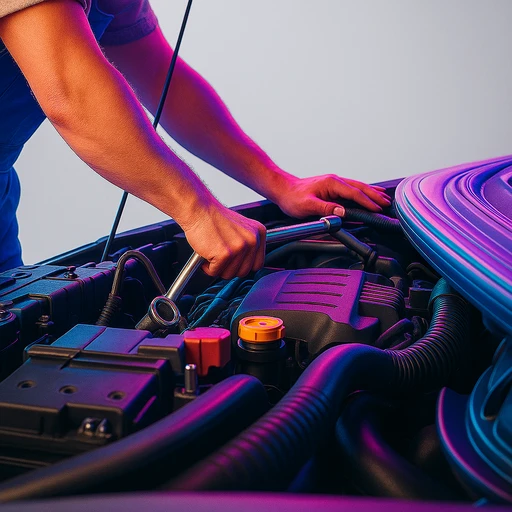 Technician working on car engine with AI assistance